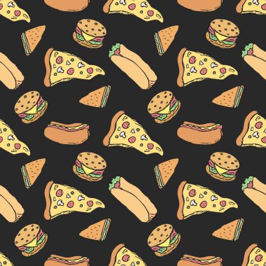 Kusursuz fast food şablonu. Fast food geçmişi. Fast food ikonlarını karala. Yemek kalıbı çizilmiş