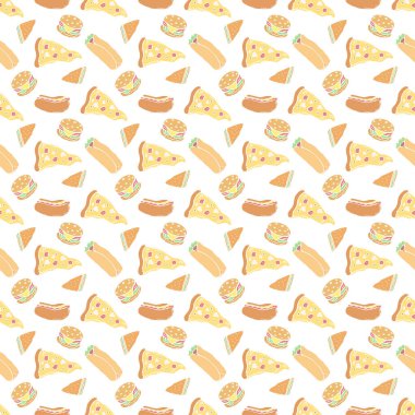 Kusursuz fast food şablonu. Fast food geçmişi. Fast food ikonlarını karala. Yemek kalıbı çizilmiş