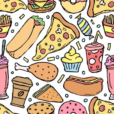 Kusursuz fast food şablonu. Fast food geçmişi. Fast food ikonlarını karala. Yemek kalıbı çizilmiş