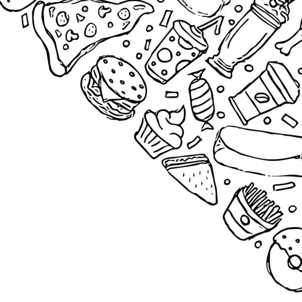 テキストのための場所とファーストフードの背景 ファーストフードのアイコンをかわしてください 描かれた食べ物のイラスト — ストック写真