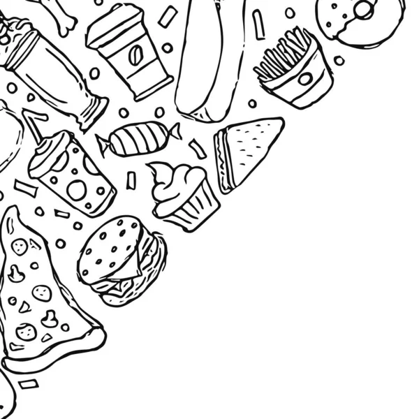 テキストのための場所とファーストフードの背景 ファーストフードのアイコンをかわしてください 描かれた食べ物のイラスト — ストック写真
