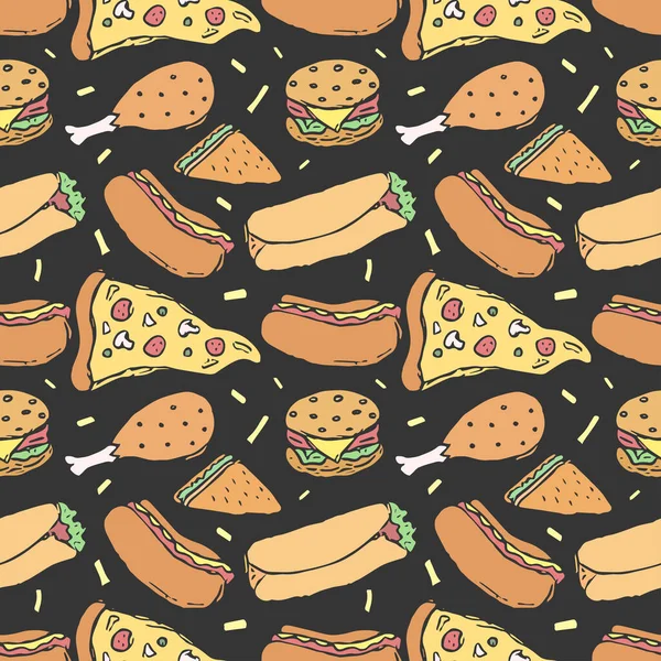 Naadloos Fast Food Patroon Fastfood Achtergrond Doodle Fastfood Iconen Tekening — Stockfoto