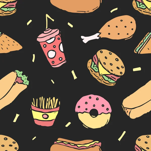 无缝隙快餐模式 快餐背景 嘟嘟的快餐图标 提取的食物模式 — 图库照片