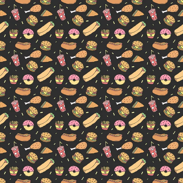 Seamless fast food pattern. fast food background. Doodle fastfood icons. Drawn food pattern