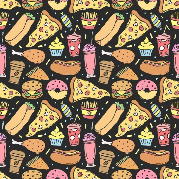 Nahtloses Fast Food Muster Fast Food Hintergrund Doodle Fastfood Ikonen — Stockfoto