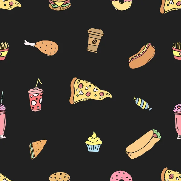 无缝隙快餐模式 快餐背景 嘟嘟的快餐图标 提取的食物模式 — 图库照片