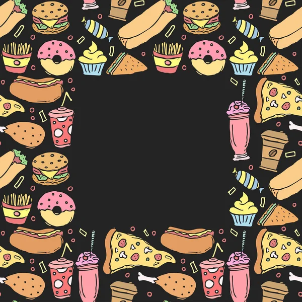 Fast Food Achtergrond Met Plaats Voor Tekst Doodle Fastfood Iconen — Stockfoto