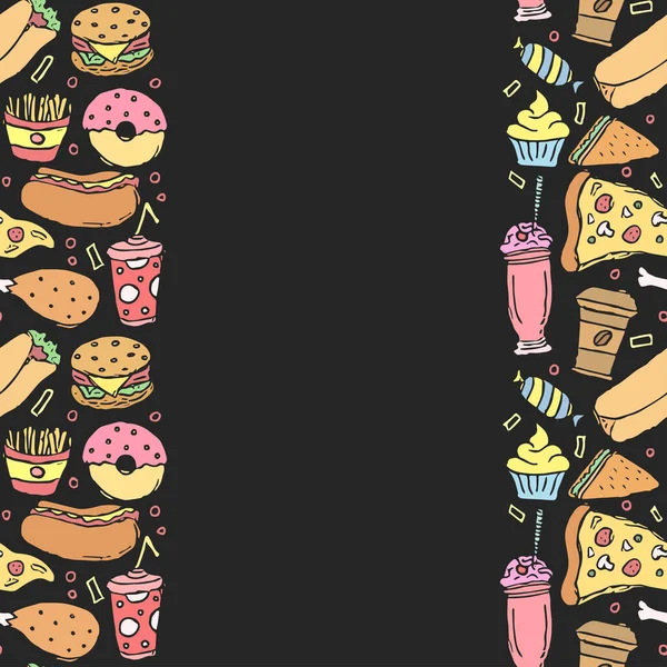 Tło Fast Food Miejscem Tekst Ikony Fast Food Doodle Rysunek — Zdjęcie stockowe