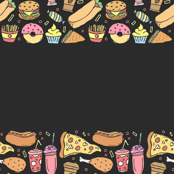 Tło Fast Food Miejscem Tekst Ikony Fast Food Doodle Rysunek — Zdjęcie stockowe
