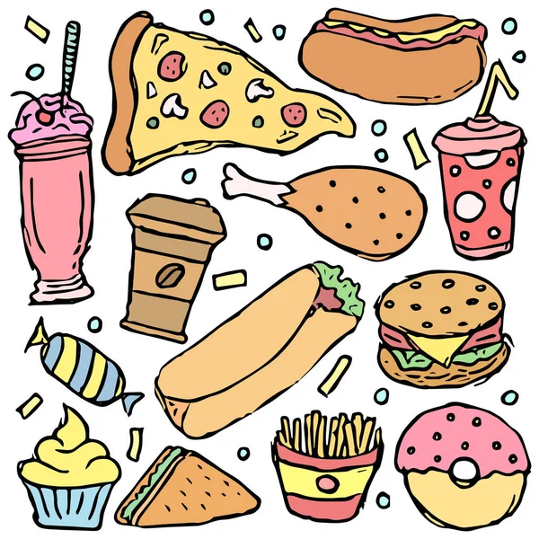 Fundo Fast Food Doodle Ícones Fast Food Ilustração Alimentos Desenhados — Fotografia de Stock