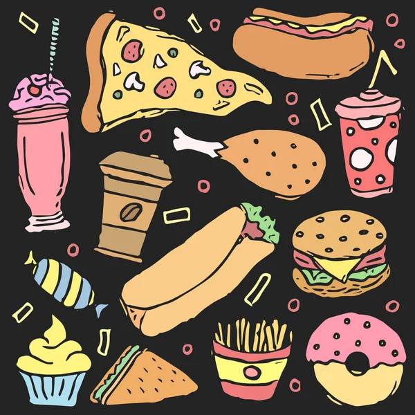 快餐背景 嘟嘟的快餐图标 绘制食物图解 — 图库照片