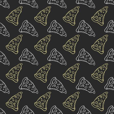 Kusursuz pizza kalıbı. Pizza arka planı çizilmiş. Doodle vektör pizza çizimi