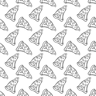 Kusursuz pizza kalıbı. Pizza arka planı çizilmiş. Doodle vektör pizza çizimi