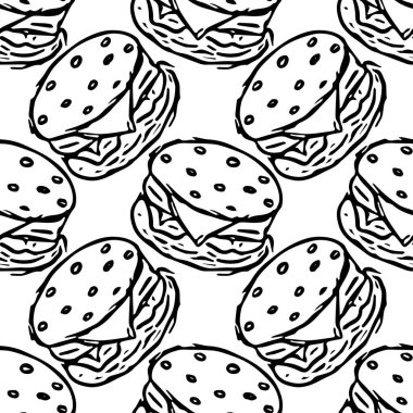 Kusursuz hamburger deseni. Çizilmiş hamburger arka planı. Doodle vektör hamburger illüstrasyonu