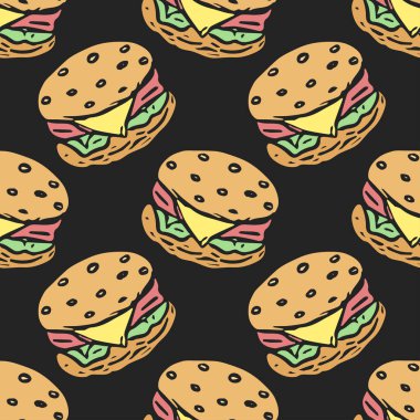 Kusursuz hamburger deseni. Çizilmiş hamburger arka planı. Doodle vektör hamburger illüstrasyonu