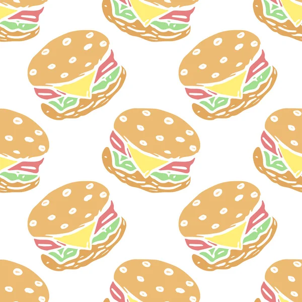 シームレスなバーガーパターン ハンバーガーの背景を描いた 落書きベクトルハンバーガーイラスト — ストックベクタ