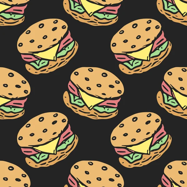 Naadloos Hamburgerpatroon Getrokken Hamburger Achtergrond Doodle Vector Hamburger Illustratie — Stockvector