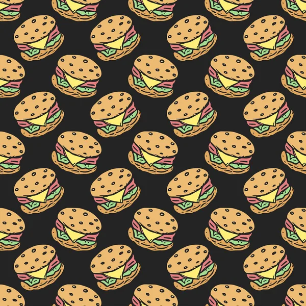 Naadloos Hamburgerpatroon Getrokken Hamburger Achtergrond Doodle Vector Hamburger Illustratie — Stockvector