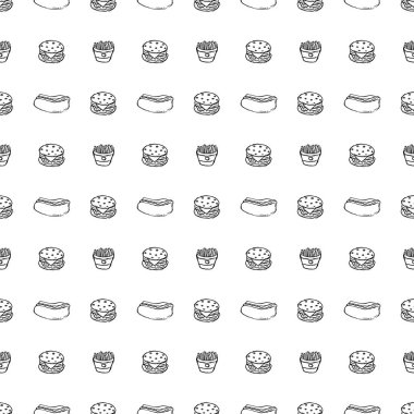 Kusursuz fast food şablonu. Fast food geçmişi. Fast food ikonlarını karala. Yemek kalıbı çizilmiş