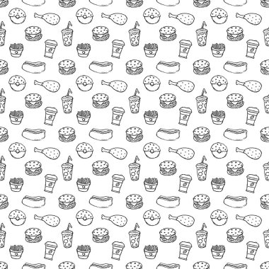 Kusursuz fast food şablonu. Fast food geçmişi. Fast food ikonlarını karala. Yemek kalıbı çizilmiş