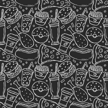 Kusursuz fast food şablonu. Fast food geçmişi. Fast food ikonlarını karala. Yemek kalıbı çizilmiş