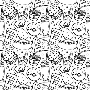 Kusursuz fast food şablonu. Fast food geçmişi. Fast food ikonlarını karala. Yemek kalıbı çizilmiş