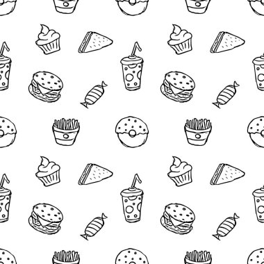 Kusursuz fast food şablonu. Fast food geçmişi. Fast food ikonlarını karala. Yemek kalıbı çizilmiş