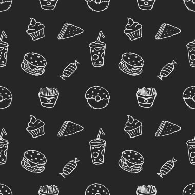 Kusursuz fast food şablonu. Fast food geçmişi. Fast food ikonlarını karala. Yemek kalıbı çizilmiş