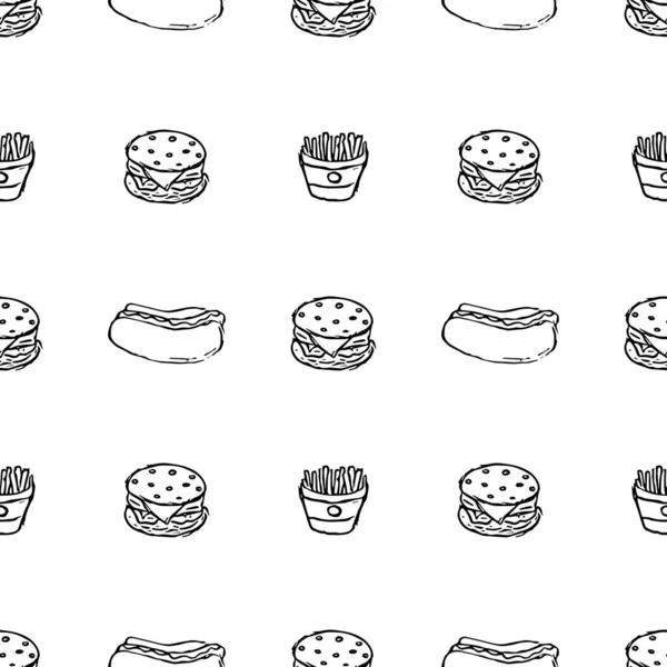 シームレスなファーストフードパターン ファーストフードの背景だ ファーストフードのアイコンをかわしてください 描かれた食べ物のパターン — ストック写真