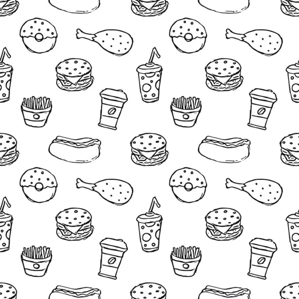 Zökkenőmentes Gyorséttermi Minta Gyorséttermi Háttér Doodle Gyorskaja Ikonok Rajzolt Táplálékminta — Stock Fotó