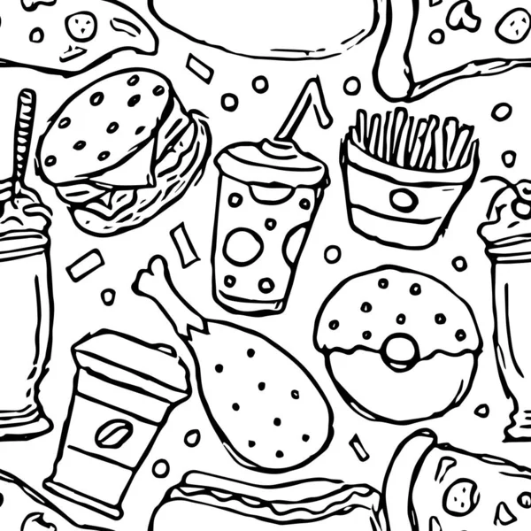 シームレスなファーストフードパターン ファーストフードの背景だ ファーストフードのアイコンをかわしてください 描かれた食べ物のパターン — ストック写真
