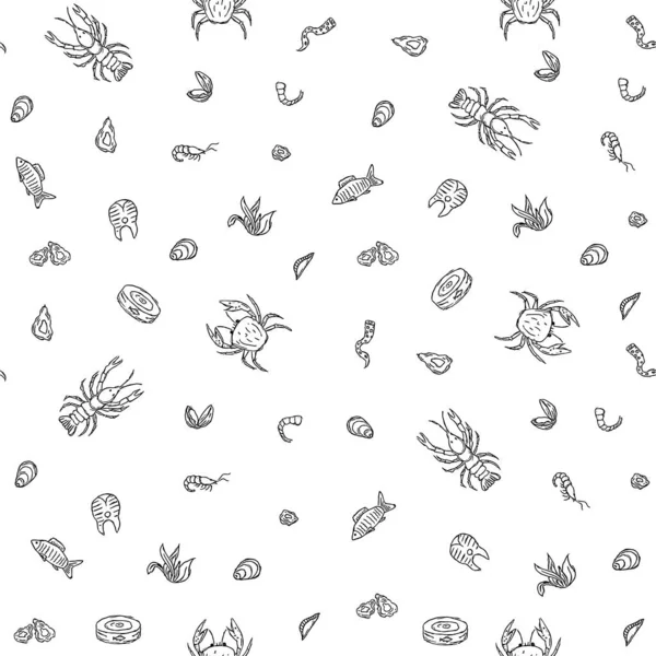 シームレスなシーフードパターン 描かれた魚介類の背景 — ストックベクタ