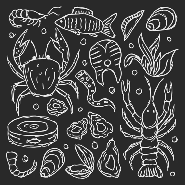 Seafood Icons Drawn Seafood Background — Stock Vector