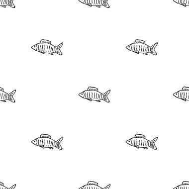 Kusursuz balık deseni. Balık arka planı çizilmiş. Deniz ürünleri illüstrasyonu