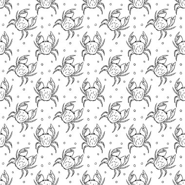 Yengeçlerde pürüzsüz desen. Yengeç ikonlu Doodle vektörü. Yengeç deseni çizildi