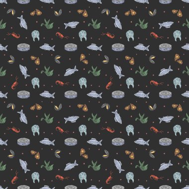 Renkli deniz ürünleri deseni. Deniz mahsulleri arkaplanı