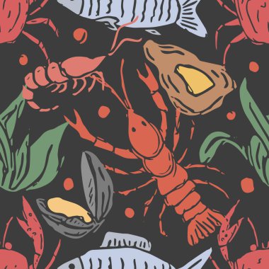 Renkli deniz ürünleri deseni. Deniz mahsulleri arkaplanı