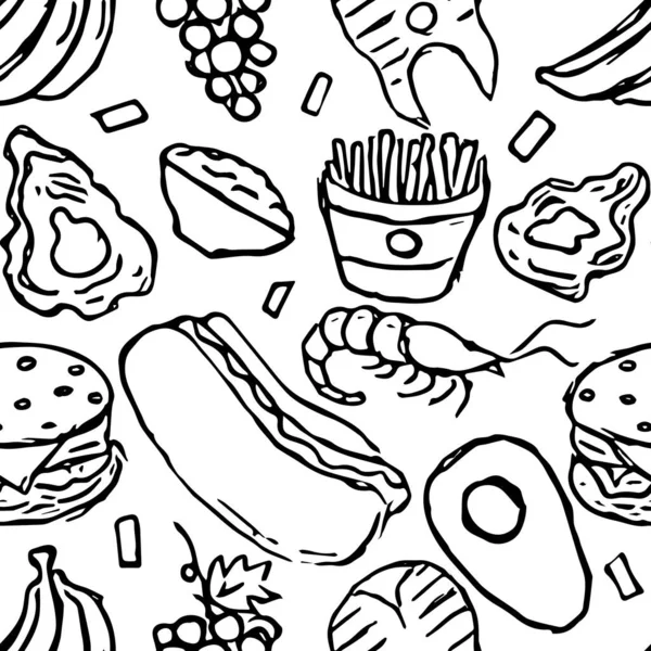 Patrón Alimentos Sin Fisuras Doodle Antecedentes Alimentarios — Archivo Imágenes Vectoriales