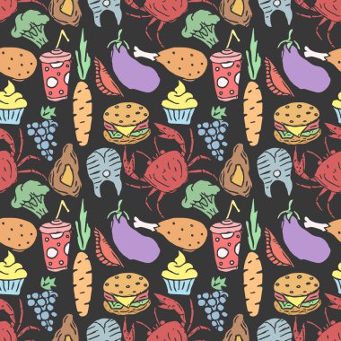 Seamless food pattern. Colored food background