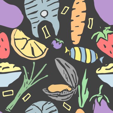 Seamless food pattern. Colored food background