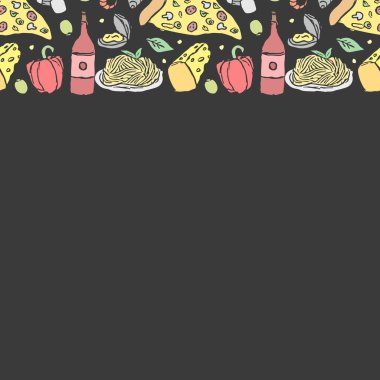 Yazılı İtalyan yemek çerçevesi. Doodle italyan yemek geçmişi