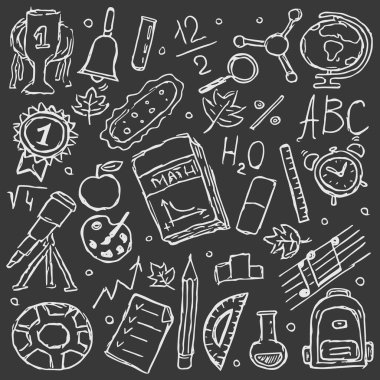 Okul ikonları. Okula dönelim. Karalama okulu geçmişi. Kusursuz okul illüstrasyonu