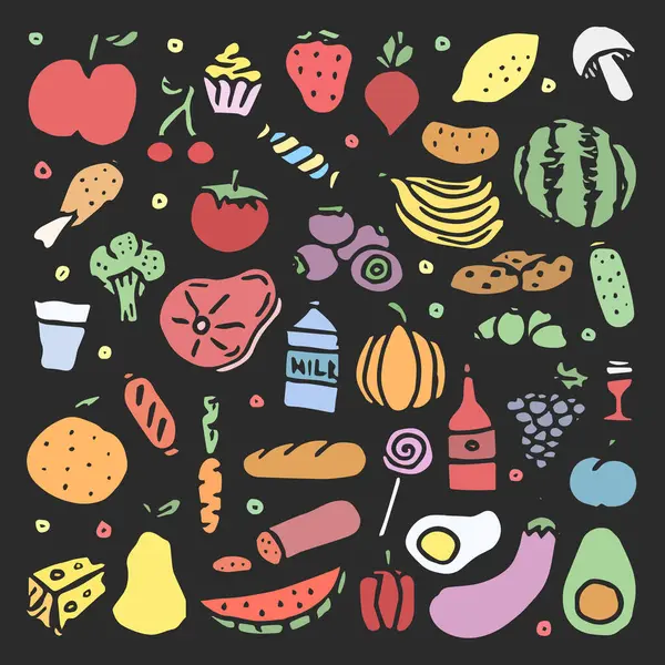 Drawn food background. Doodle colored food icons