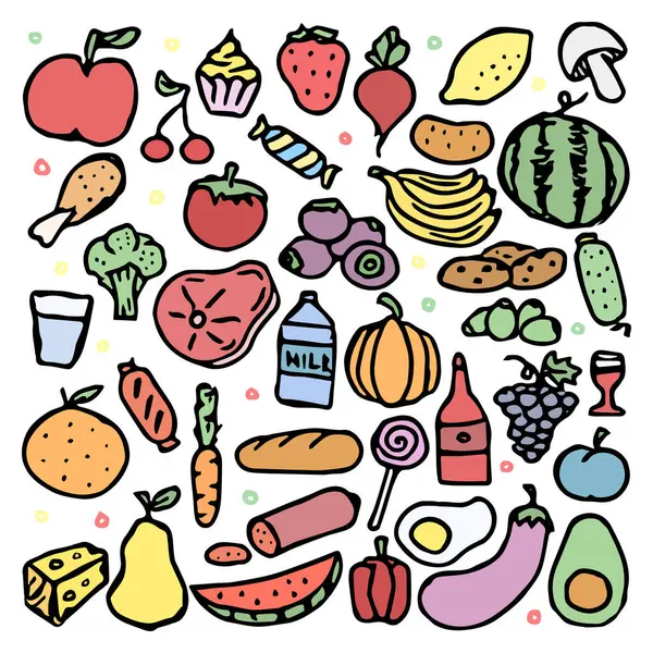 Drawn food background. Doodle colored food icons