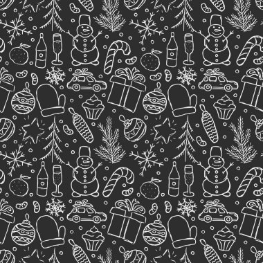 Kusursuz Noel şablonu. Yeni yıl geçmişi. Noel ve yeni yıl simgeleriyle karalama çizimi