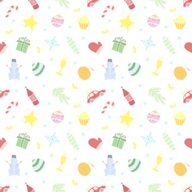 Kusursuz Noel şablonu. Yeni yıl geçmişi. Noel ve yeni yıl simgeleriyle karalama çizimi