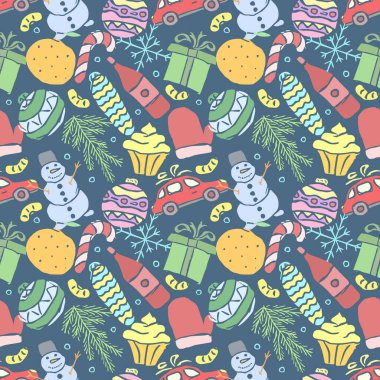 Kusursuz Noel şablonu. Yeni yıl geçmişi. Noel ve yeni yıl simgeleriyle karalama çizimi