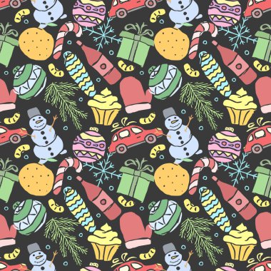 Kusursuz Noel şablonu. Yeni yıl geçmişi. Noel ve yeni yıl simgeleriyle karalama çizimi