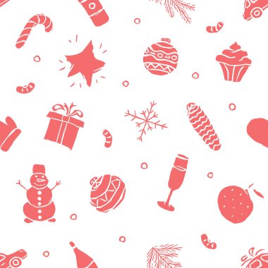 Kusursuz Noel şablonu. Yeni yıl geçmişi. Noel ve yeni yıl simgeleriyle karalama çizimi