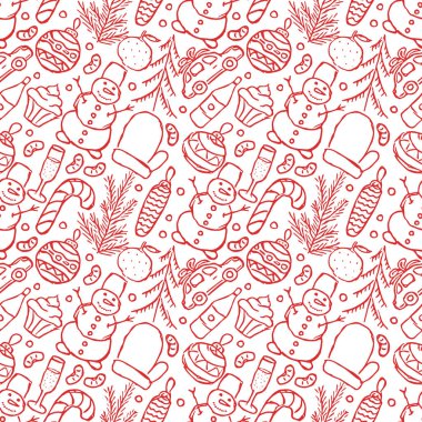 Kusursuz Noel şablonu. Yeni yıl geçmişi. Noel simgeleriyle karalama çizimi